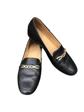 Naturalizer Black Leather Loafers Slip On Womens 8.5 M Gold Chain Shoes Flats Wo